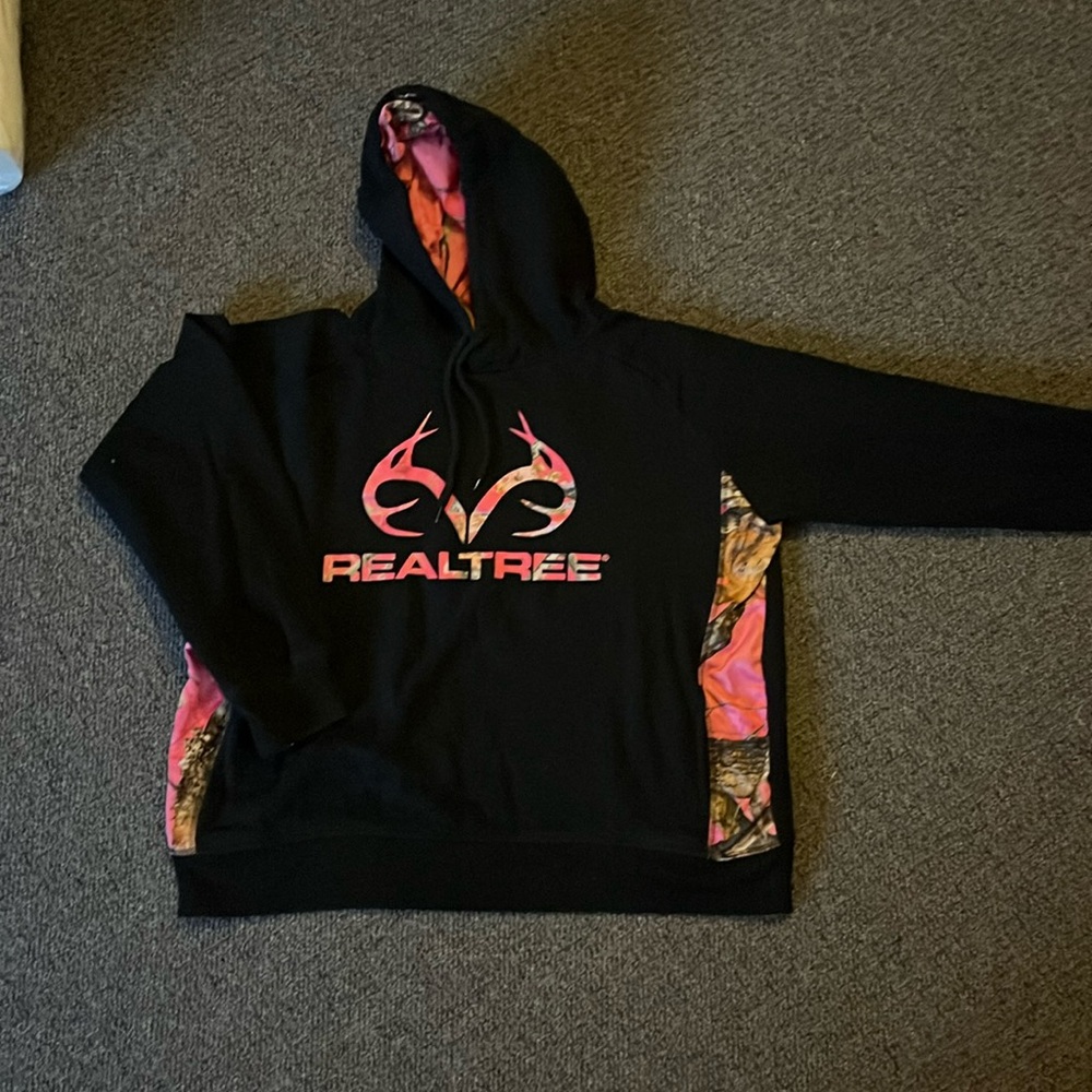 Realtree hoodie 
Black with pink camo